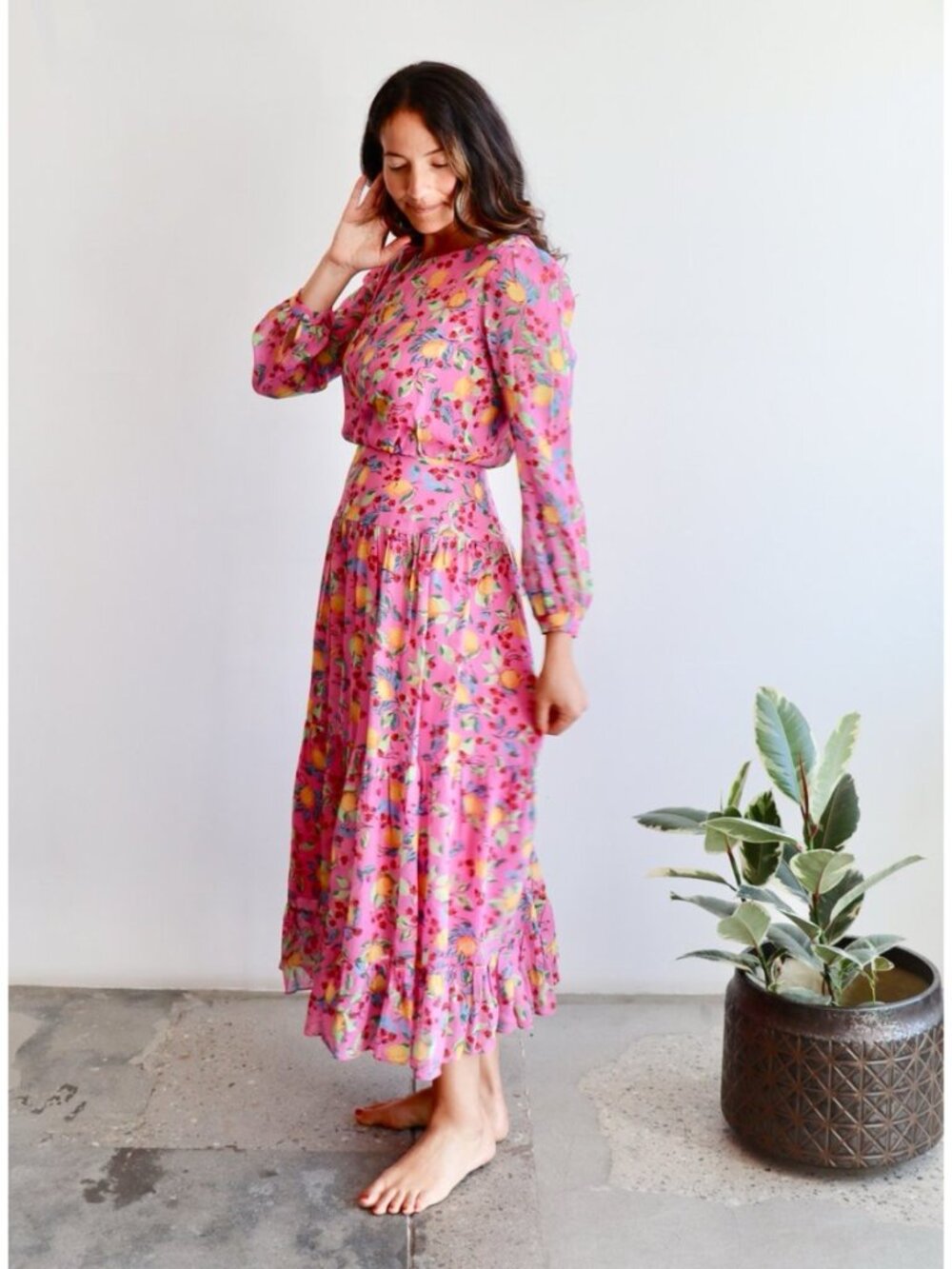 SALONI Isabel Silk Georgette Midi Dress in Pink "Limoncello"